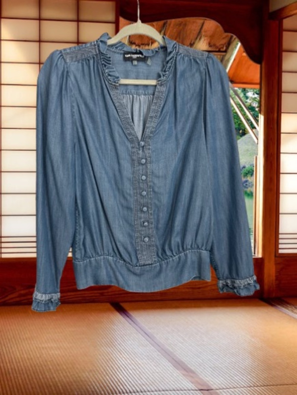 Karl Lagerfeld Light Blue Denim-Style Button Front Blouse